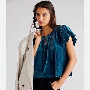 Free People Terese Velour Crop Top in Deep Teal Size Small